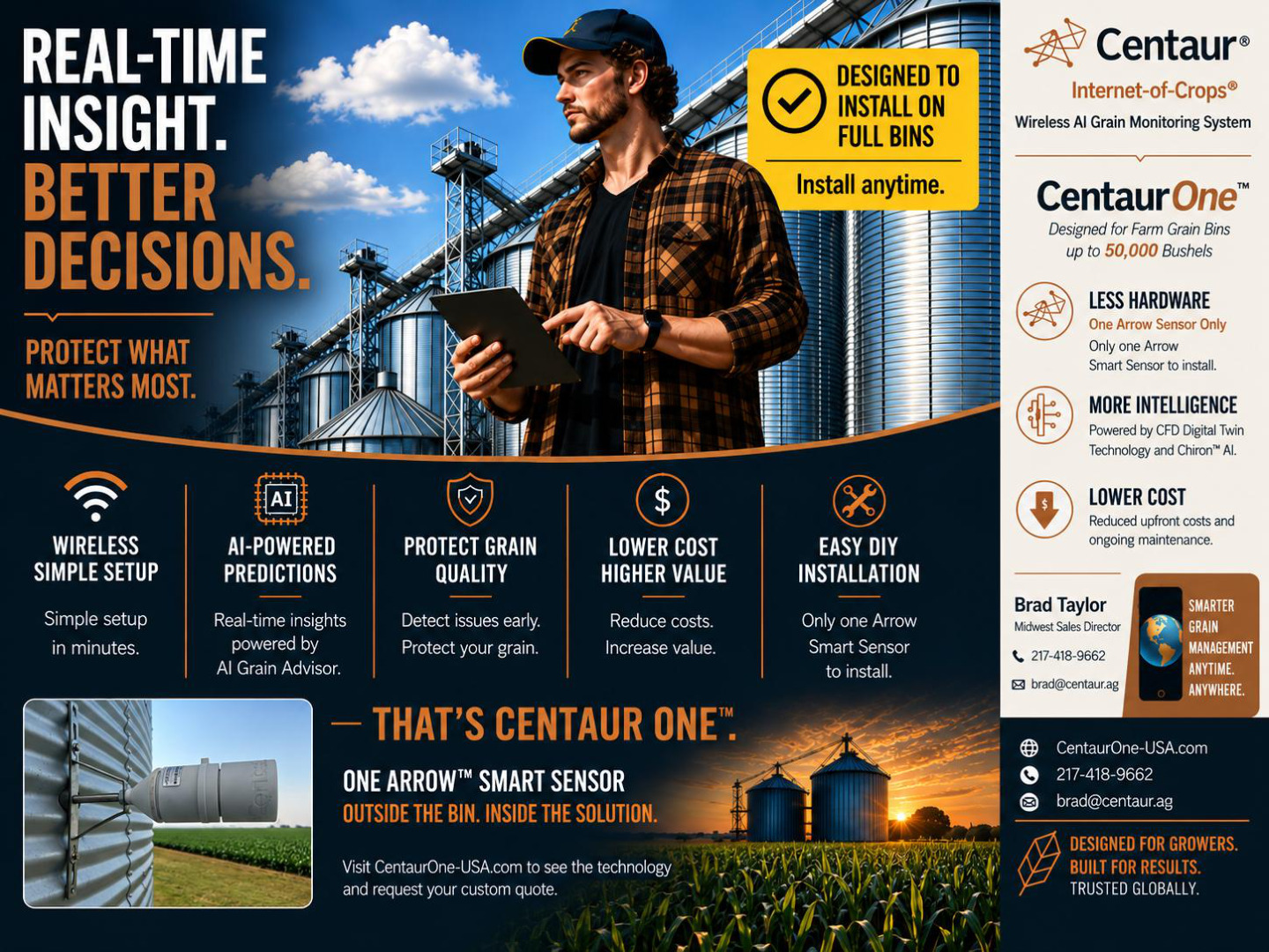 CentaurOne grain bin monitoring brochure page 1; Arrow sensor, Chiron AI and monitoring for grain bins 50,000 bushels and smaller