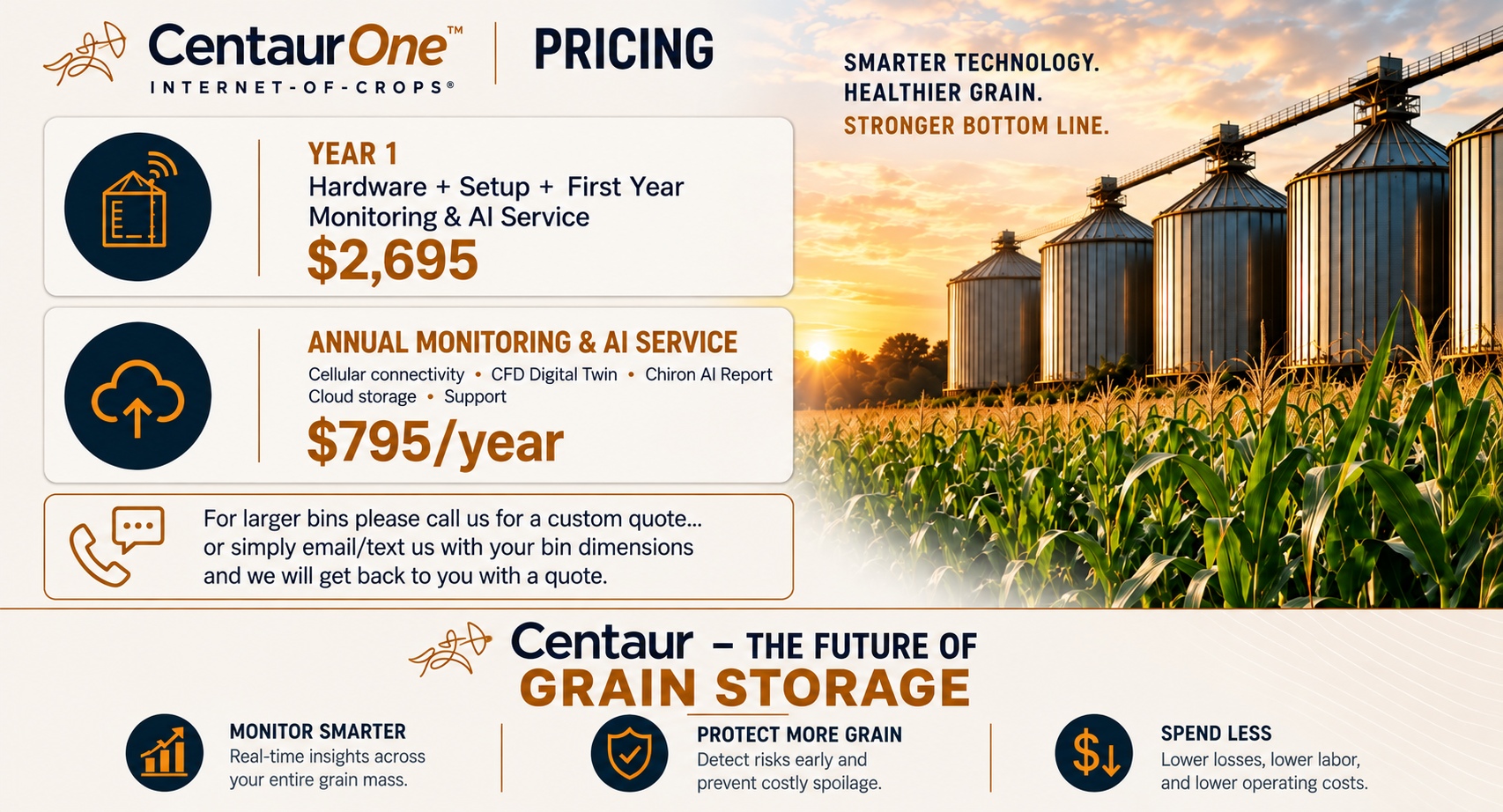 CentaurOne grain bin monitoring brochure page 9; Arrow sensor, Chiron AI and monitoring for grain bins 50,000 bushels and smaller