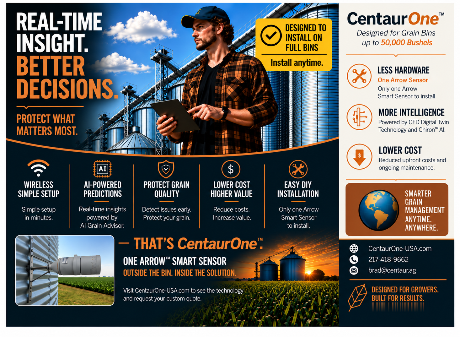 CentaurOne grain bin monitoring brochure page 1; Arrow sensor, Chiron AI and monitoring for grain bins 50,000 bushels and smaller