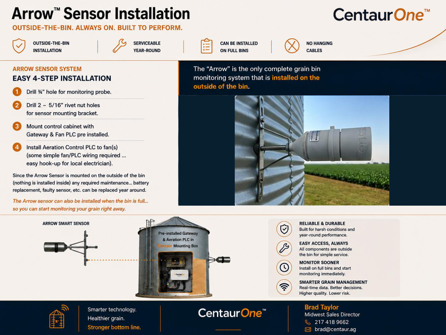 CentaurOne grain bin monitoring brochure page 8; Arrow sensor, Chiron AI and monitoring for grain bins 50,000 bushels and smaller