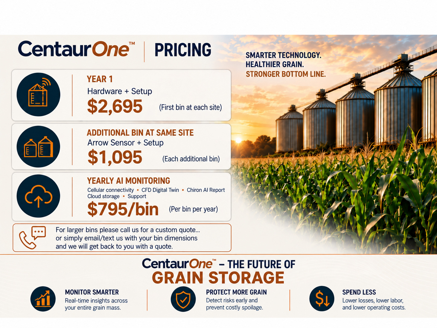 CentaurOne grain bin monitoring brochure page 9; Arrow sensor, Chiron AI and monitoring for grain bins 50,000 bushels and smaller